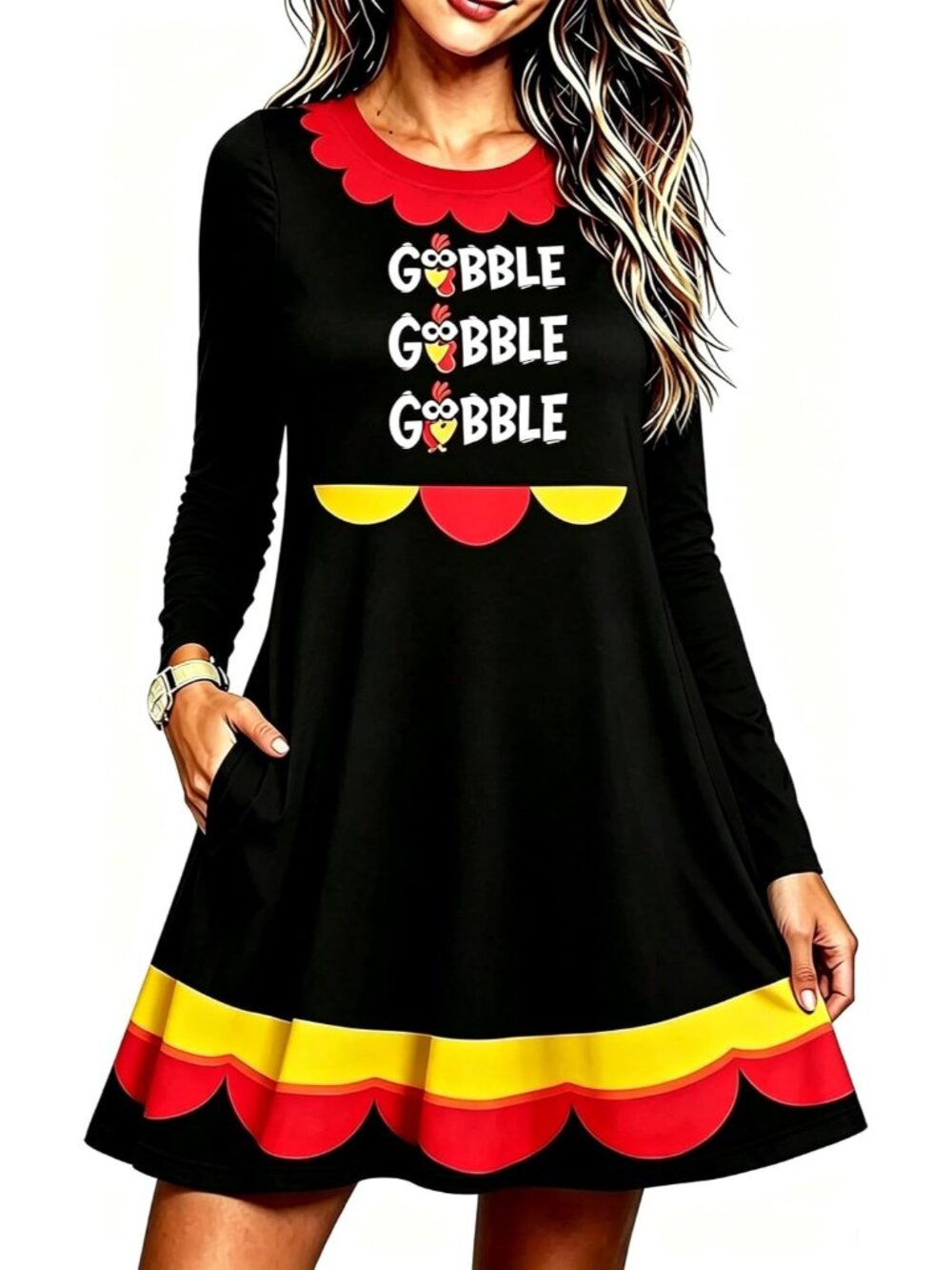 🆕Women's Thanksgiving Gobble Gobble Scalloped Long Sleeve Swing Dress